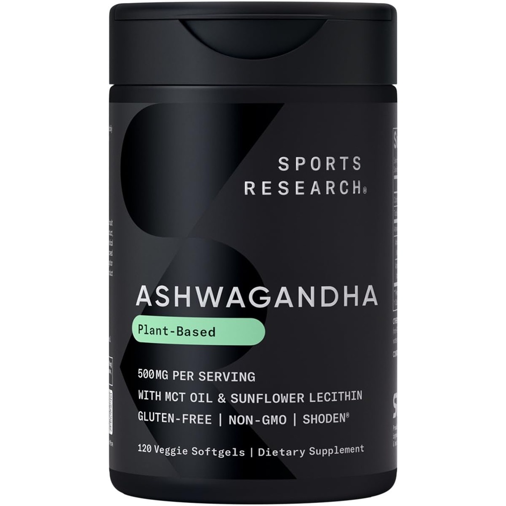 Sports Research ® Ashwagandha Softgels with Coconut MCT Oil - Natural Ayurvedic Adaptogen Made with Shoden ® Ashwa for Relaxation, Calm & Sleep Support - Gluten Free & Vegan Friendly - 120 Count