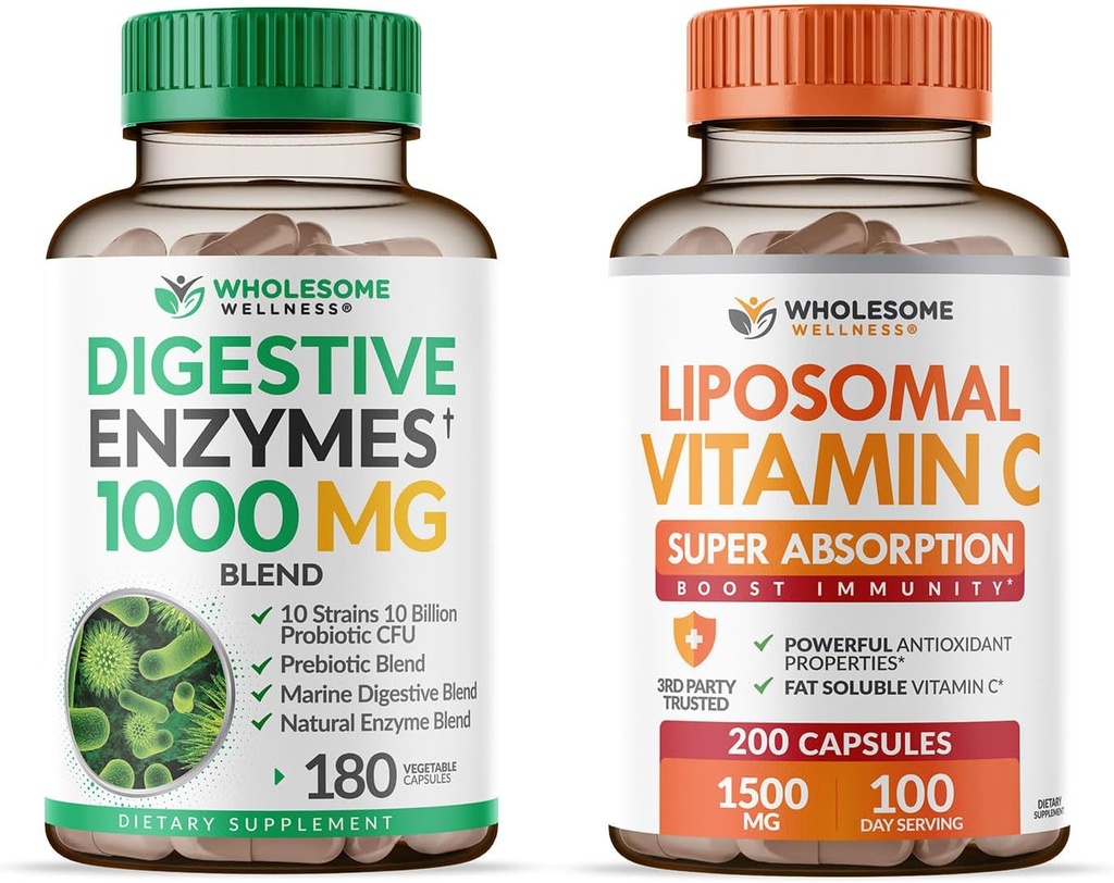 Zdravé Wellness trávicí enzymy 1000MG Plus Prebiotika & Probiotika + Lipozomální vitamín C Kapsle (200 pilulek 1500mg Buffered) Bundle
