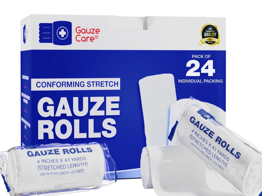 Gauze Rolls Pack 24 - Premium Quality Lint a Latex- Free 4 palce x 4.1 Yards Conforming Stretch Obvazy konstruované pro efektivní Wound Care & Comfort - Ideální pro použití jako mumie balení