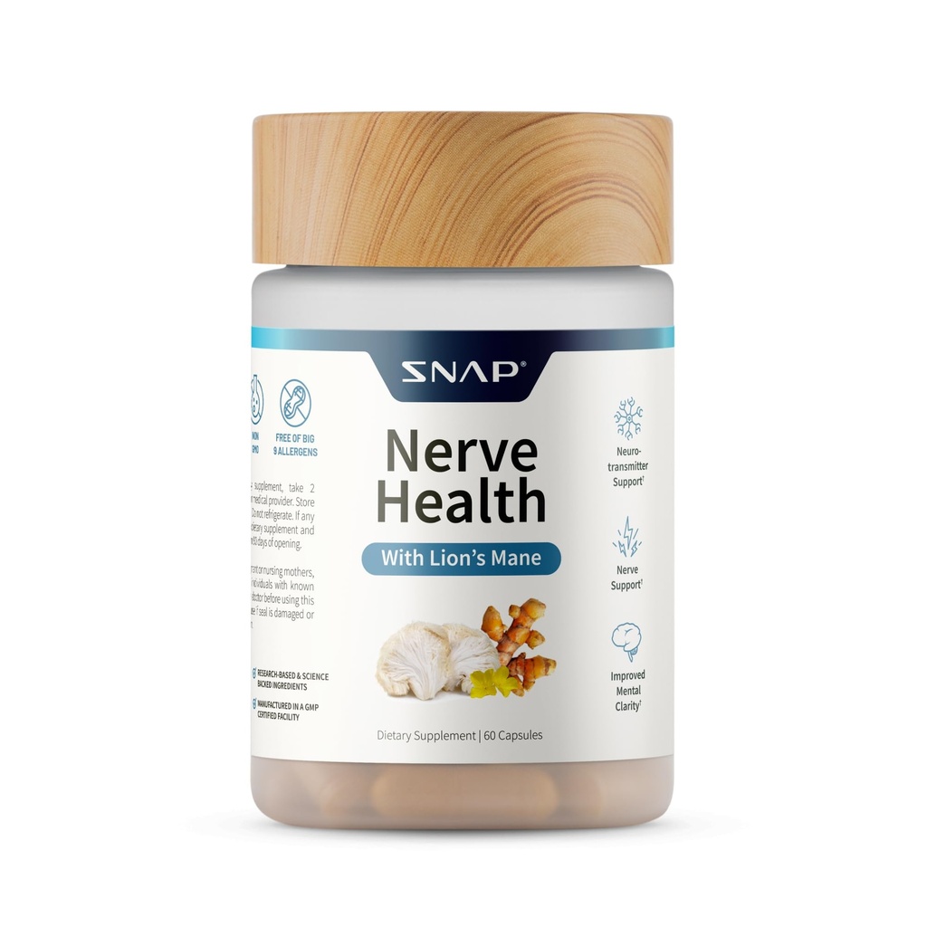 Snap doplňky Nerve Zdraví Podpora s Lví hříva, Organic Turmeric & Byliny - Podporuje duševní jasnost, paměť, zaměření a Nerve funkce - 60 Kapsle