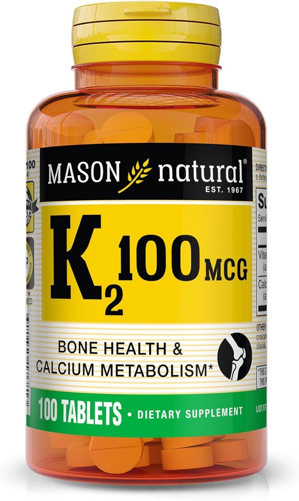 MASON NATURAL Vitamin K2 100 mcg s vápníkem, podporuje kosti, srdce a svalnaté zdraví, 100 tablet