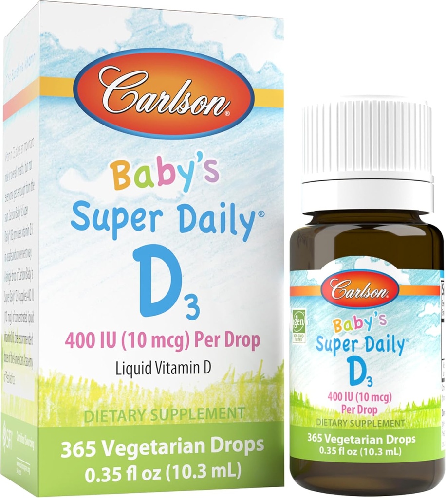 Carlson - Baby 's Super Daily D3, Baby Vitamin D Drops, 400 IU (10 mcg) per Drop, 1Year Supply, Vegetarian, Liquid Vitamin D pro kojence a batolata, Neochucené, 365 Drops