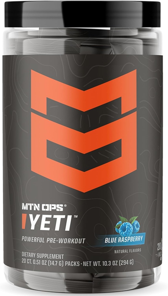 MTN OPS Yeti Trail Packs Pre- Workout Powder Energy Drink s Creatine, 200mg kofein & BCAA s Beta Alanine, 20-Single Servings, Blue Raspberry