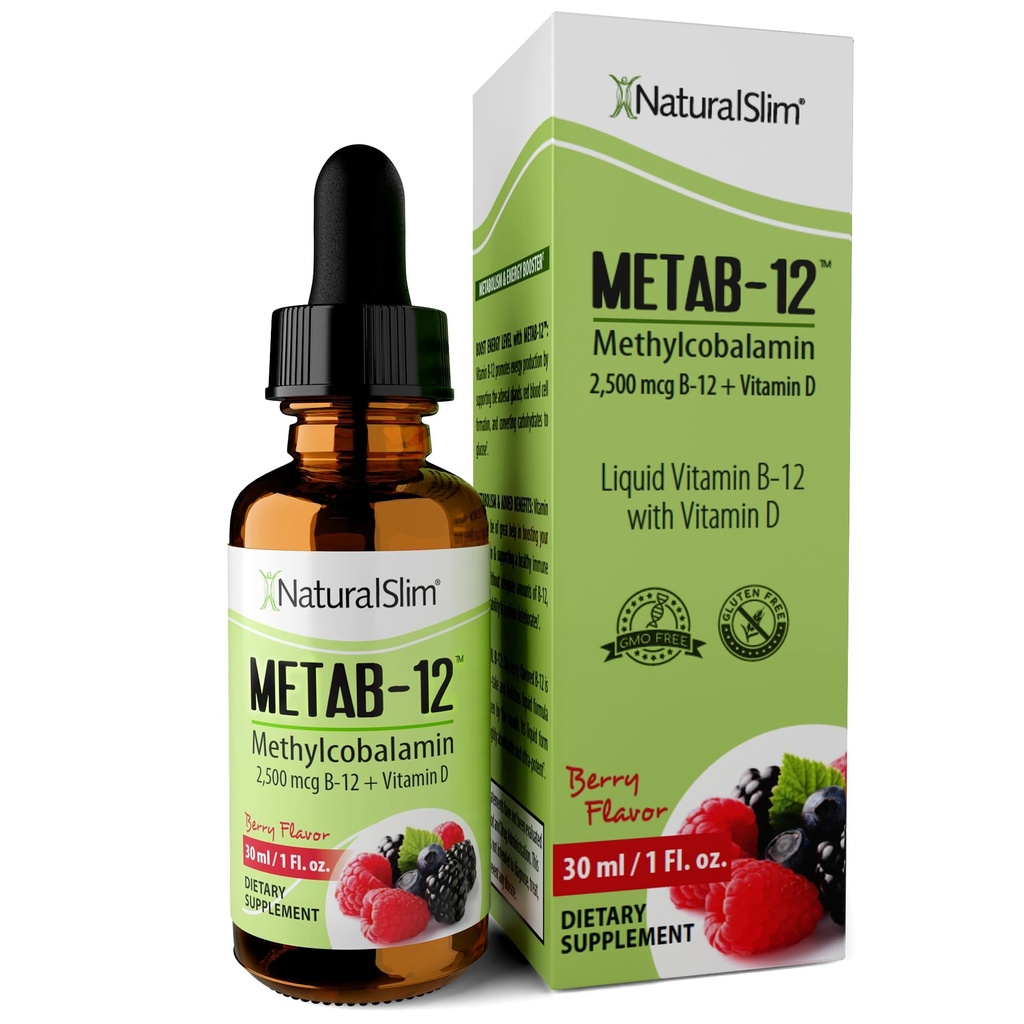 NaturalSlim Liquid B12 Vitaminy s vitaminem D - Metab- 12 Methylkobalamin 2500 mcg B12 Sublingvální kapky pro metabolismus, energie, a imunitní podpora - Berry Flavor 1 fl oz
