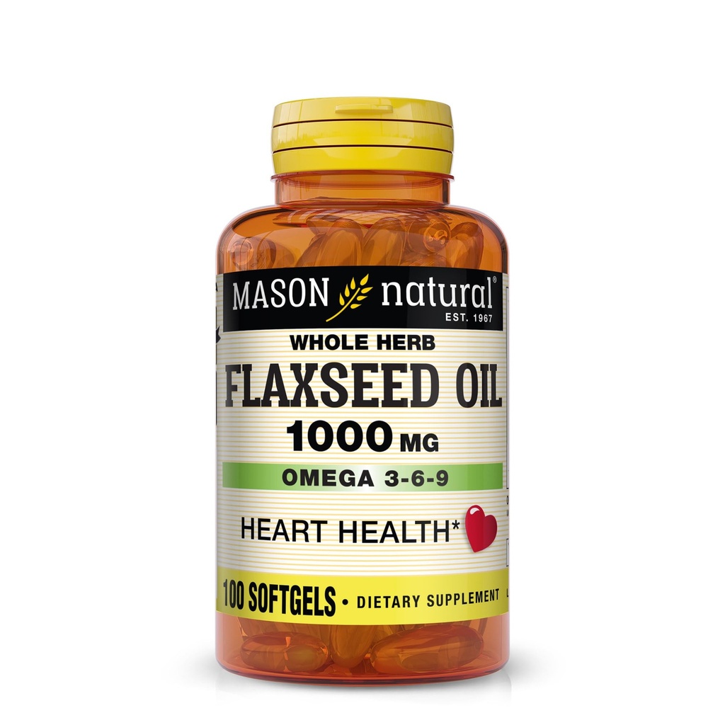 MASON NATURAL Flaxseed Oil 1000mg - Omega 3-6-9 Softbels for Heart Health - Cold- Pressed All Herb Supplement - Gluten- Free, Non- GMO, 100 Softbels