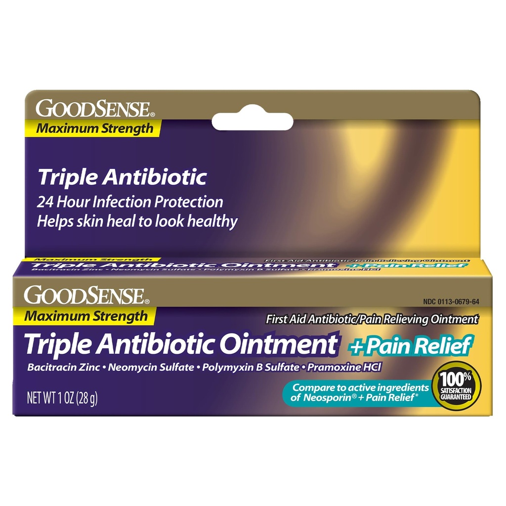 GoodSense Maximální síla Triple Antibiotic Ointment plus Pain Relief - uklidňuje bolestné říznutí, škrábance a popáleniny, Prevents Infekce, První pomoc Antibiotika, Externí analgetika, 1 oz