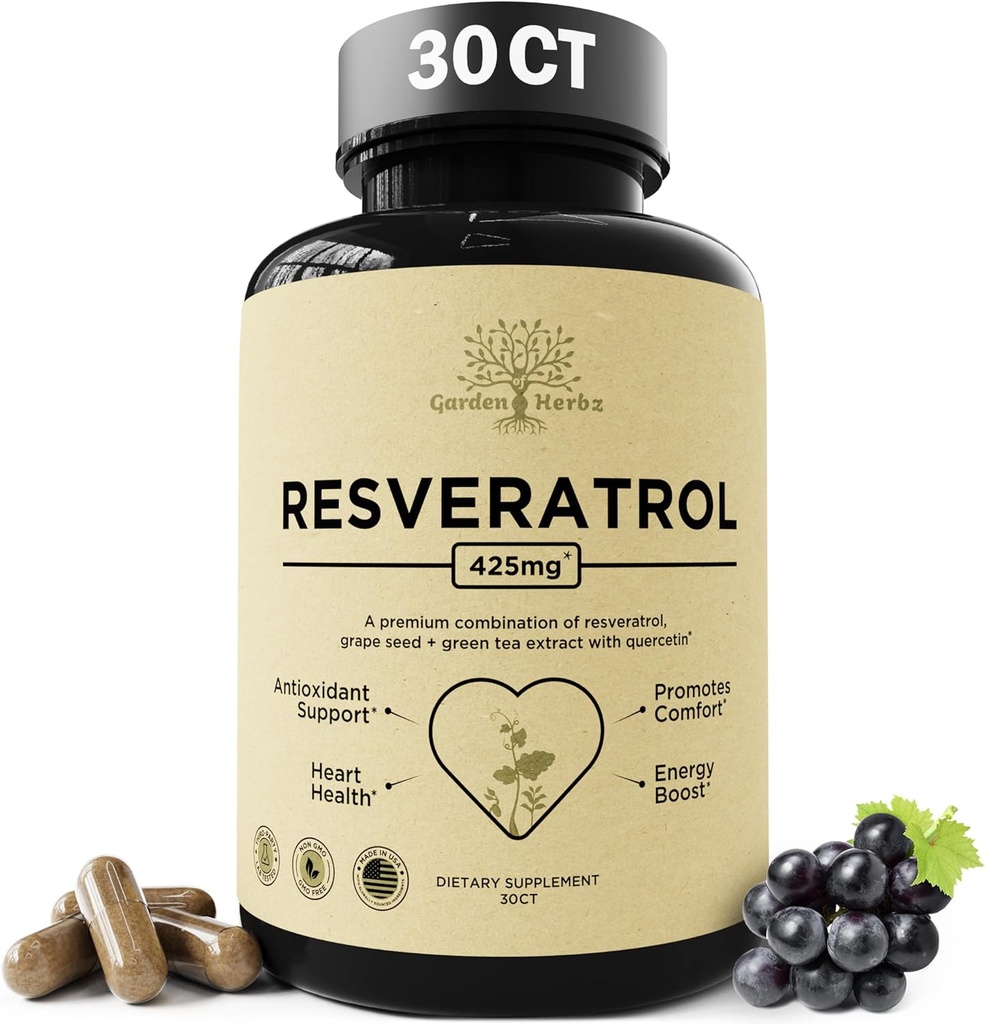 Quercetin & Resveratrol Supplement with Grape Seed - 425mg Herbal Antioxidant & Wellness Support - Polyfenoly & Nutrient Blend for General Health, 30Ct