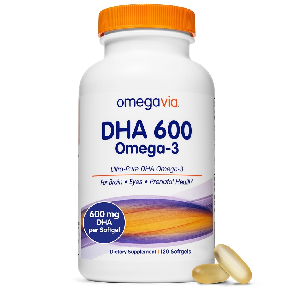 OmegaVia DHA 600 mg, Ultra čisté Omega-3 DHA doplňky pro mozek a oči, DHA Prenatal Vitamíny pro ženy, Bezproblémový rybí olej Omega 3, IFOS Testováno, 120 Softgels