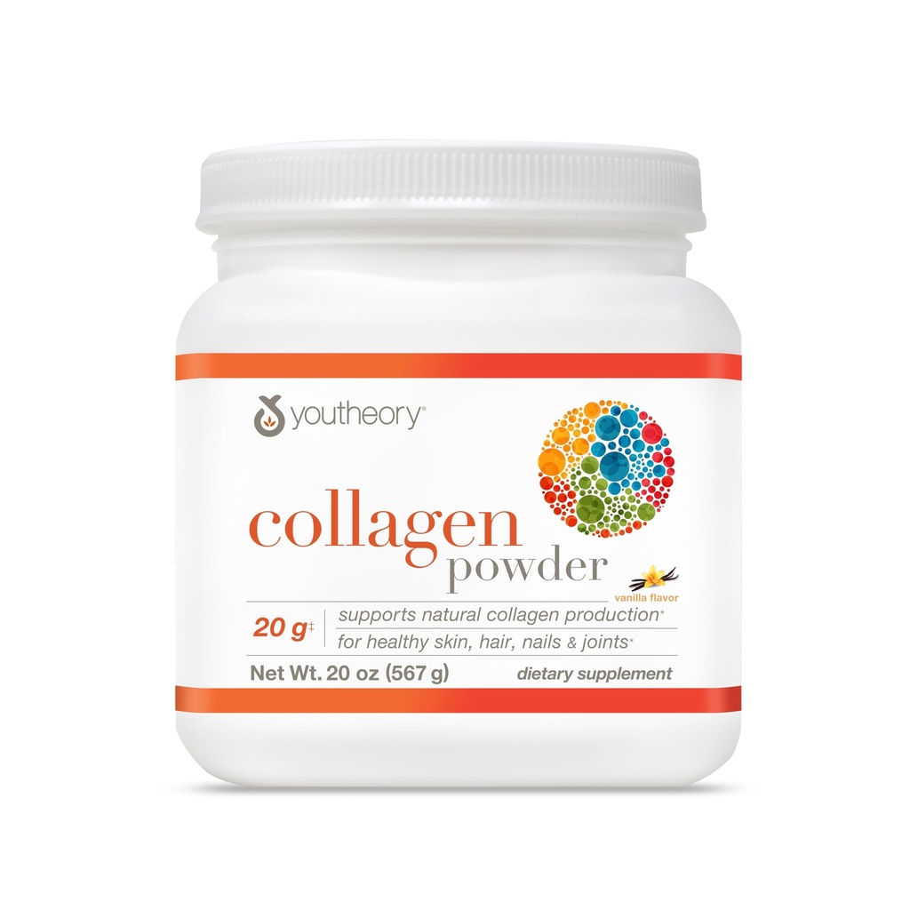 Youtheory Collagen Powder - with Amino Acids, Minerály, Vitamin C & B7 (Biotin) - Podporuje zdravé kosti, svaly, vlasy, nehty, kůže & spony * - Hydrolyzované - Vanilla - 20 oz (21 Služeb)