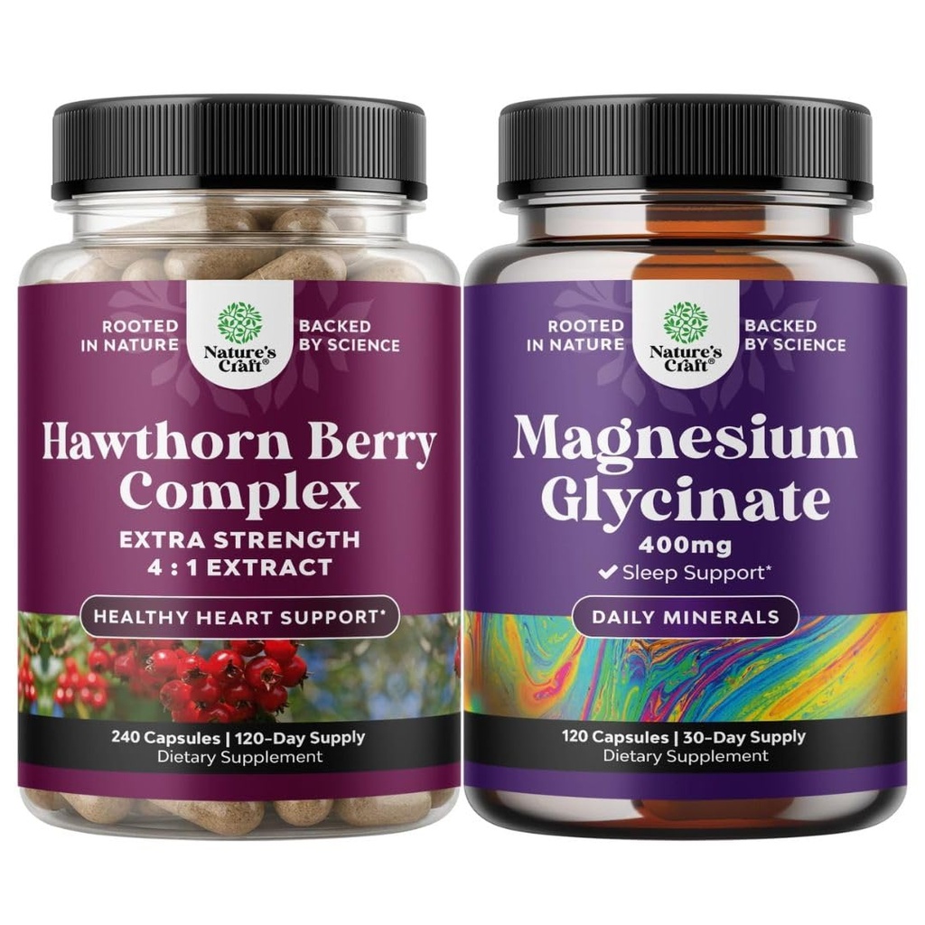 Natures Kraft Bundle Extra Strength Hawthorn Berry Kapsle - Extract Digestion and Heart Health Supplement a čistý hořčík Glycinát 400mg per Serving for Mood Sleep and Relaxation