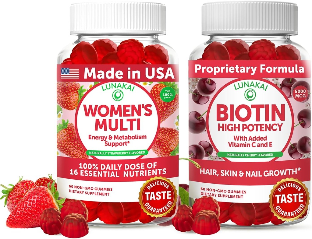 Lunakai USA Made Womens Multivitamin & Biotin Gummies Bundle - Energy & Hair, Skin, Nail Support - Přirozeně ochucené - 60 Non- GMO Gummies každý