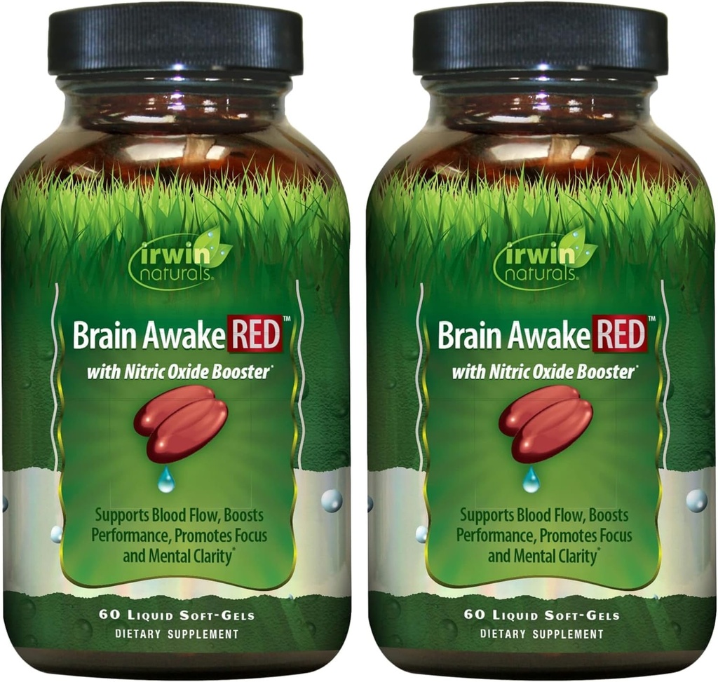 Irwin Naturals Brain Awake RED with Nitric Oxide Booster - 60 Liquid Soft- Gels, Pack of 2 - Podpora zdraví mozku a optimalizace výkonu - 40 Celkem služby