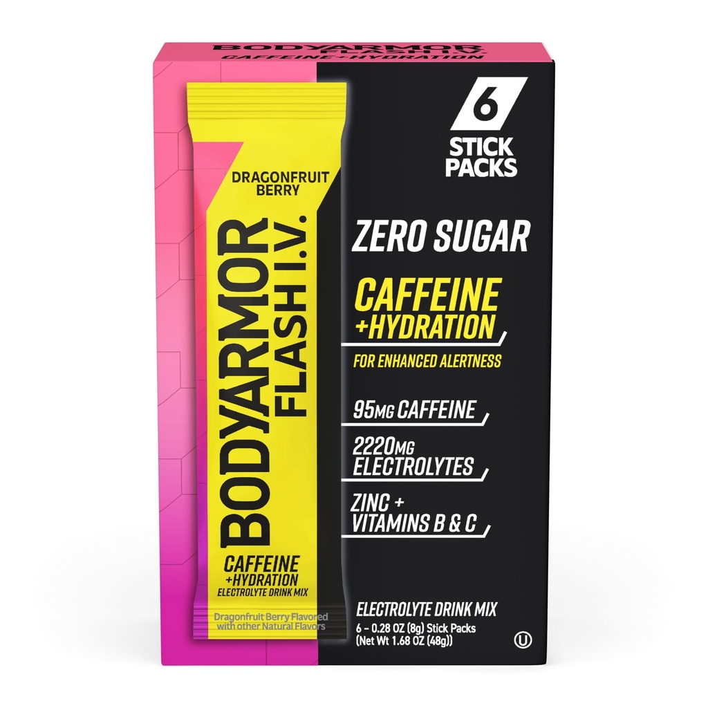 BODYARMOR Caffeinated Flash I.V. Electrolyte Packets - Dragonfruit Berry - Nulový cukr Energy Drink Mix, Jednorázové Serve Packs, Hydration for Pre Workout, Cestování Essentials, Aktivní životní styl (6 Počet)