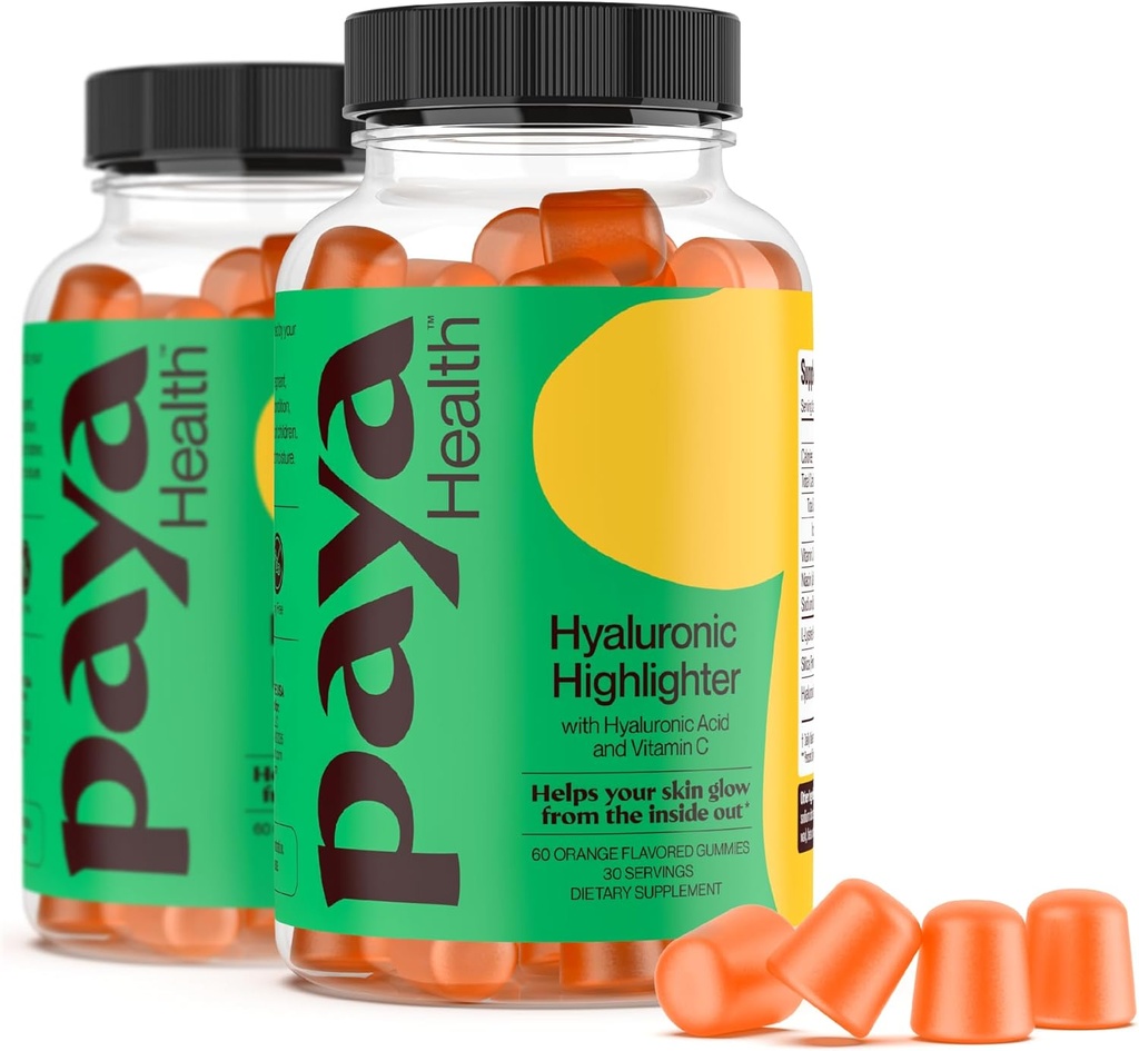 Hydratační Hyaluronic Highlighter Skincare Gummies CLANE124; Podporuje světlejší, Dewy, Plump Skin CLANE124; Vegan Hyaluronic Acid & vitamin C dodatek CLANE124; Non- GMO, Gelatin- Free, Orange Flavor, 60- Day Supply