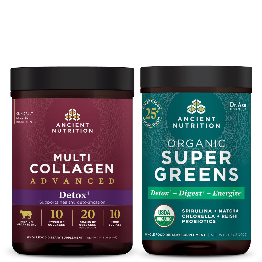Starověké výživy Multi kolagen Advanced Powder Cleanse & Detox, Neochucené, 36 Servings + Organic Supergreens Powder, Green Flavor, 25 Servings