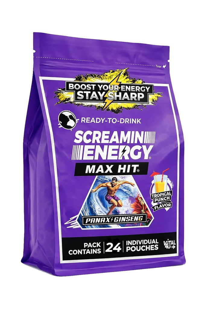 Screamin Energy Max hit tropické punč Flavor - Maximální síla cukru Free Energy Shot s ženšen, B vitaminy, a kofein - 24 Počet