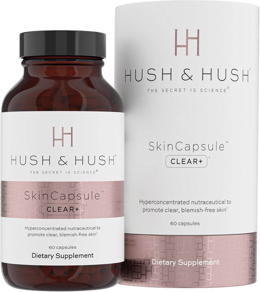 Hush & Shush SkinCapsule ™ Clear +, dodatek pro péči o pleť, Vegan, Akné Léčba obličeje, Čisté Nutracea doplňky, které obsahují vitamín A, kurkuma, kořen pampelišky, zinek - 60 Kapsle