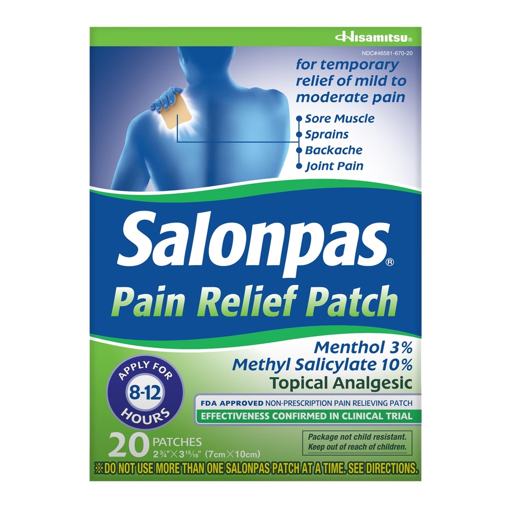 Salonpas Pain Relief Patch, 20 Počet (Balení po 1), Až 12 hodin Dočasné Úleva Mírné na mírnou bolest, Backup, Sval, Sprains, Bruises