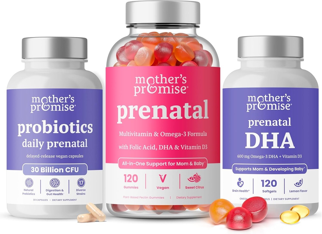 Prenatální vitaminové gumy + Prenatální DHA & Prenatální Probiotika Bundle