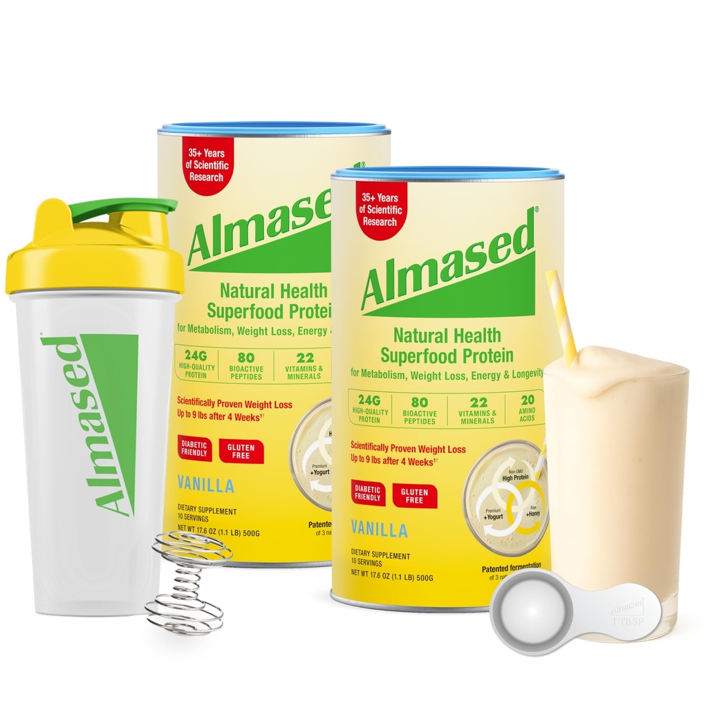 Almazed Meal Replacement Shakes for Weight Loss - Protein Powder - Starter Kit (Almazed Meal Replacement Shakes for Weight Loss - Protein Powder - Starter Kit (Mandle Vanilla Flavor, 2 plechovky 17,6 oz + Shaker Bottle + Scoop)