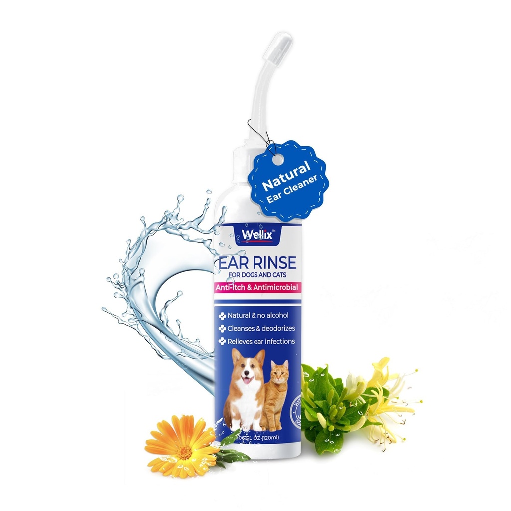 Wellix 120ml čistič sluchu pro psy a kočky - Léčba infekce uší bez podráždění - Ušní myčka pro oční potíže - Ušní vosk, prášek a zápach