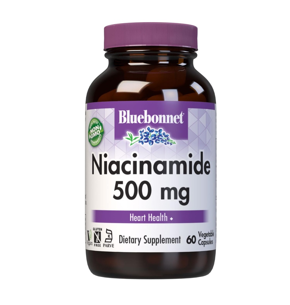 Bluebonnet Nutrition Niacinamid 500mg, Podporuje kardiovaskulární zdraví *, Soy- Free, gluten- Free, Non-GMO, Kosher Certified, Dairy- Free, Vegan, 60 Zeleninové kapsle, 60 Služeb
