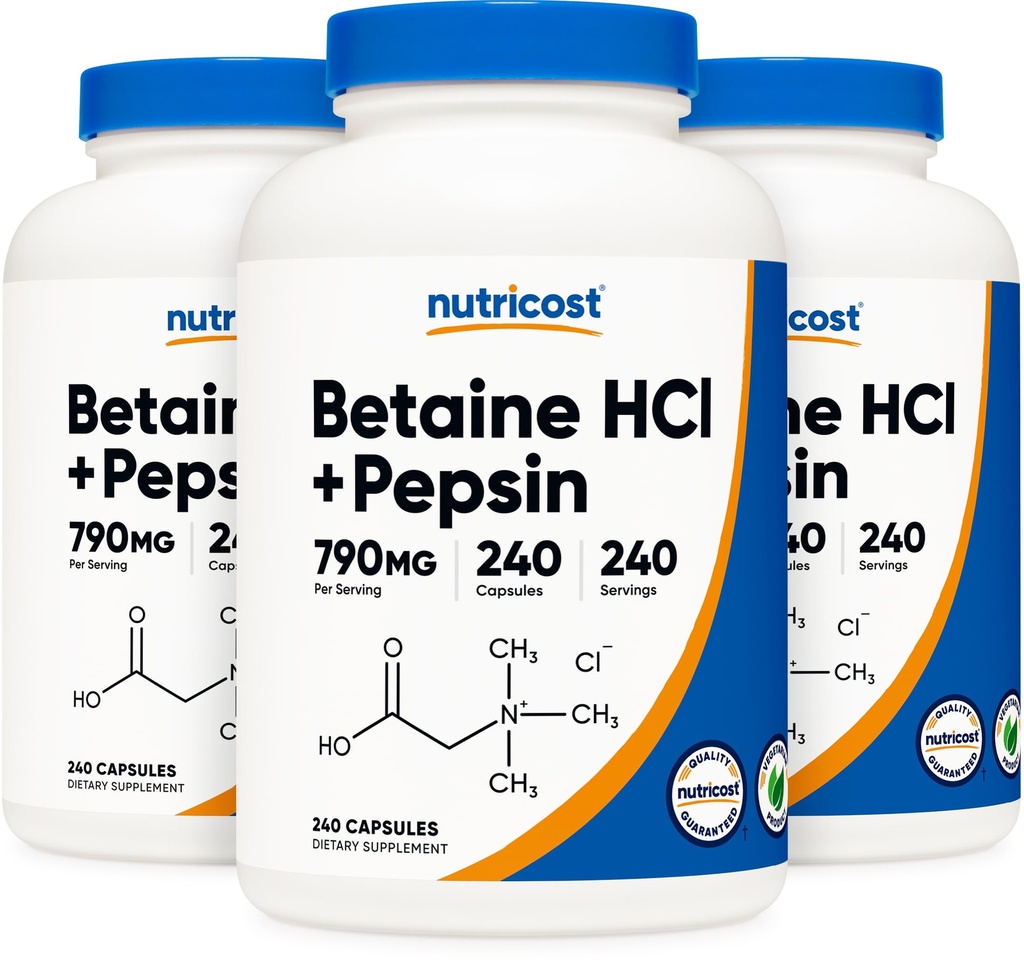 Nutricost Betaine HCl + Pepsin 790mg, 240 tobolek, 3 lahvičky (720 tobolek)