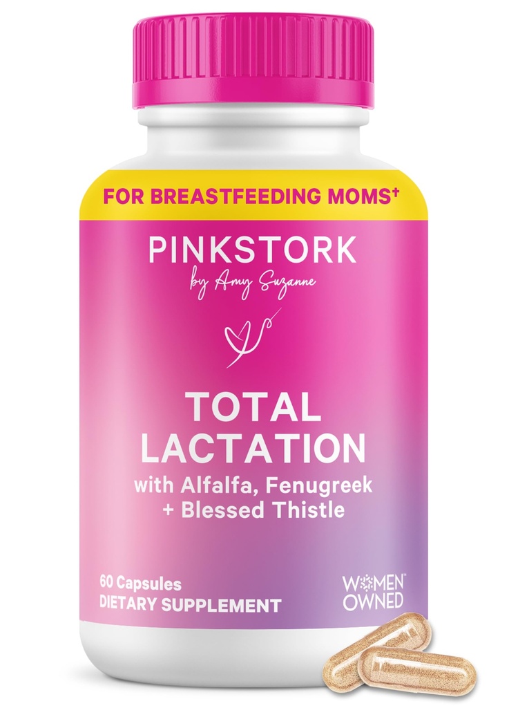 Pink Stork Celkem Kojení Dodatek pro dojení prsu Dodávka mléka, Organic Fenugreek a Alfalfa na podporu kojení, Mléko a výroba, Postpartum Essentials - 60 Kapsle