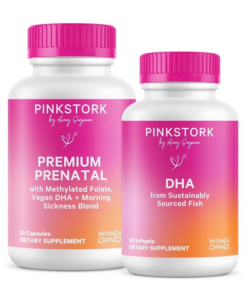 Pink Stork Premium Prenatal Duo: Premium Prenatal Vitamin + DHA, Prenatal Probiotika pro ženy, Omega 3 + Rybí olej, Prenatal Vitamin s DHA a kyselina listová, Women- Vlastněné