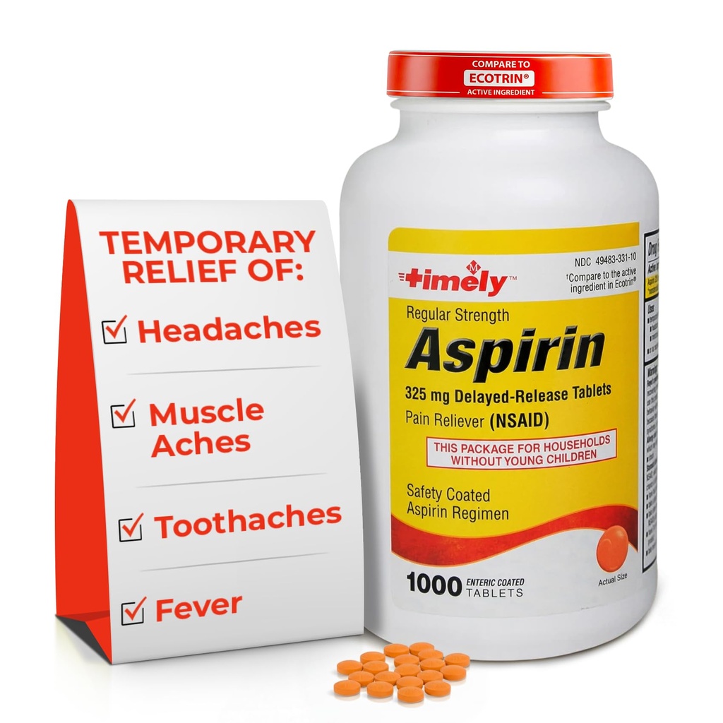 TIME- CAP Labs, INC. Časově pravidelná síla Aspirin 325mg - 1000 Enteric Coated Tablet - Pain Reliever for Minor Aches and Pains, Fever Reducer - Made in USA