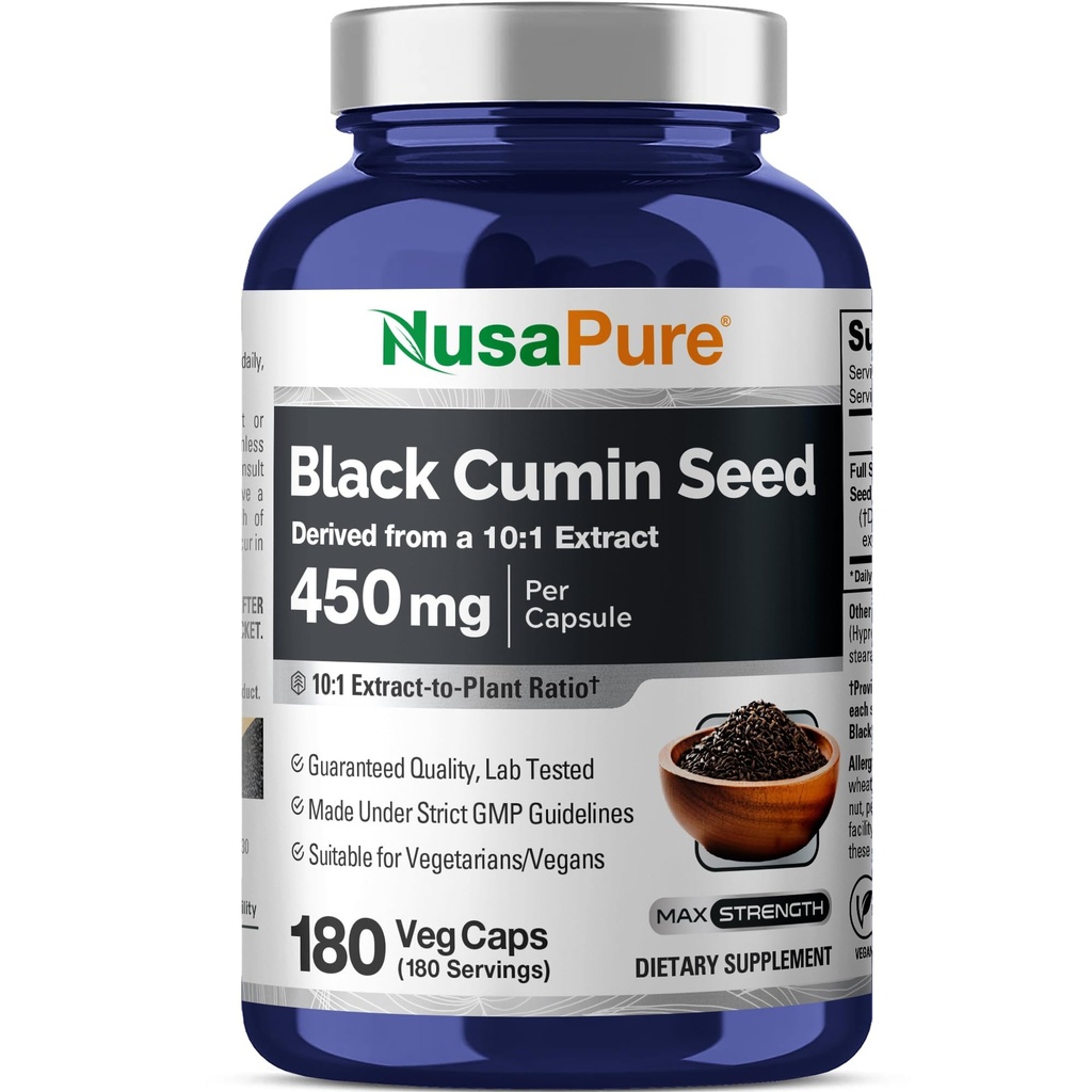 NusaPure Full Spectrum Black Cumin Seed 10: 1 Extract, 450 mg Ekvivalentní s 4,500mg 180 Veggie Powder Caps Non- GMO, Vegan Non- Oil