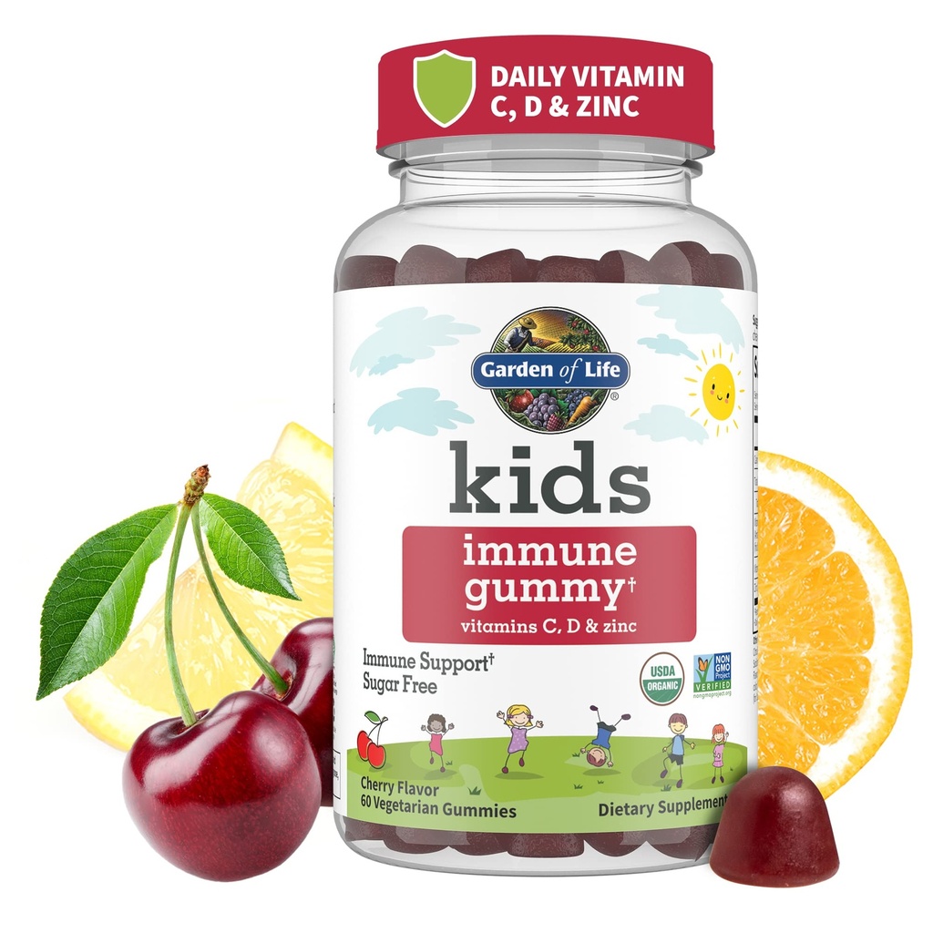 Zahrada života děti Imunitní podpora Gummies s vitaminem C, D jako D3 & zinek pro 3-in-1 denní dětské imunity - organické, non-GMO, gluten- Free, Vegetarian, Cukr zdarma, Cherry Flavor, 30 denní zásobování