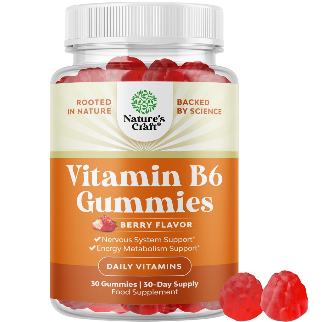 Potenciální vitamín B6 Gummie pro dospělé - Potenciální vitamín B Komplexní doplňky pro muže a ženy pro podporu nervové soustavy Mood & Imunitary System - Vegan Pyridoxine Chews for Energy & Metabolismus - 30 Ct