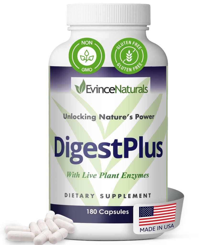 DigestPlus Digestivní enzymy - Plant- Based Enzymy pro podporu trávení, Pomáhá snížit nadýmání & Gas - Čisté enzymy vzorec pro absorpci živin - dodatek k trávení, 180 Kapsle