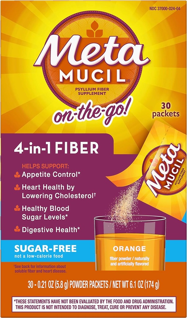 Metamucil Fiber 4-in-1 Psylium Fiber Dodatek Sugar-Free Powder Single-Serve Packets Orange Oranžový ochucený nápoj 2 krabice 30 Packets (Old)