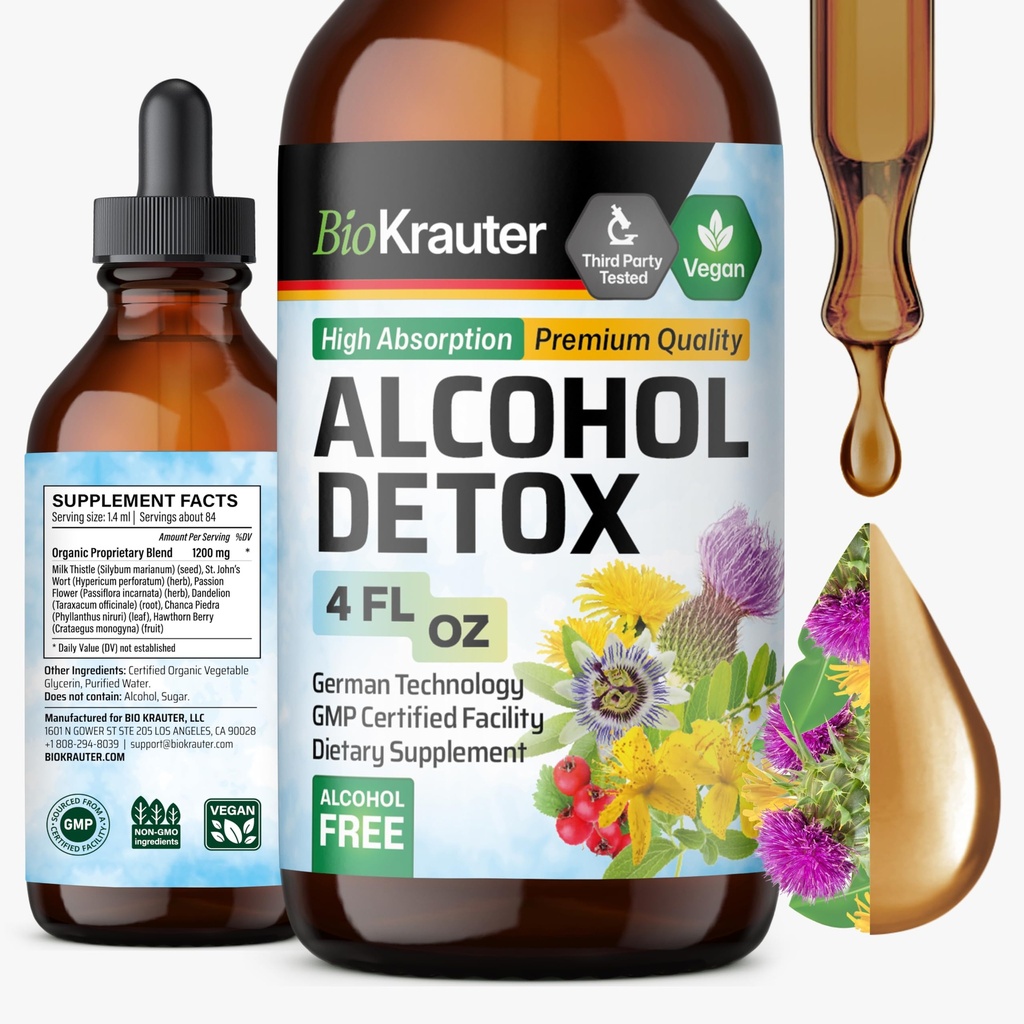 BIO KRAUTER Alkohol Detox Tinktura - Játra čištění Formule - Mléko Thistle & Pampeliška - Játra Detox Liquid Extract - Alkohol a cukr zdarma - Vegan Drops 4 Fl.Oz.