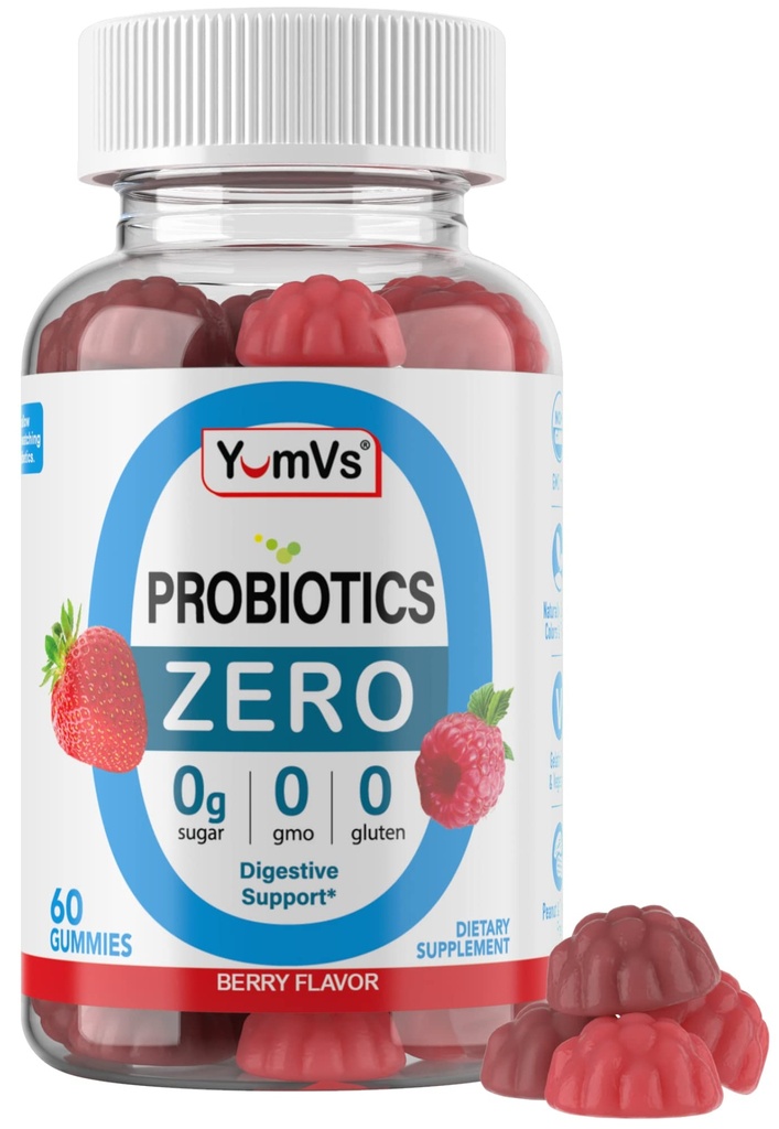 YUM-V 'S - Nulový cukr Probiotické gumy pro stravovací zdraví - Cukr zdarma Probiotika pro ženy, muže a děti - Gut zdraví Probiotické gumy pro dospělé a děti - Stravovací podpora Gummy doplňky - 60ct