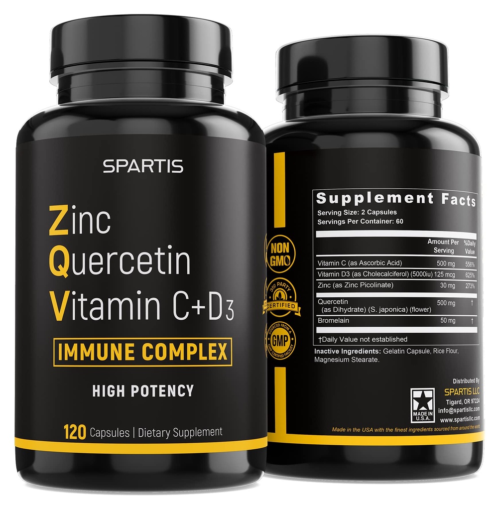 Zinek Quercetin 500 mg s vitaminem C Vitamin D3 Bromelain imunitní podpora vysoká potence Quercetin Zinek dodatek ZQV podle SPARTIS (Balení po 1 lahvičce při 120- Caps)