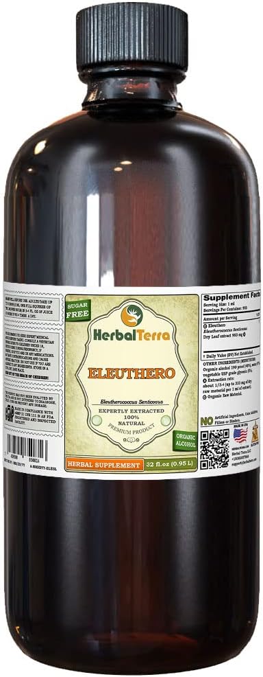 Eleuthero (Eleutherococcus Senticosus) tinktura, sušený listí tekutý extrakt (značka: HerbalTerra, Proudly Made in USA) 32 fl.oz (0,95 l)