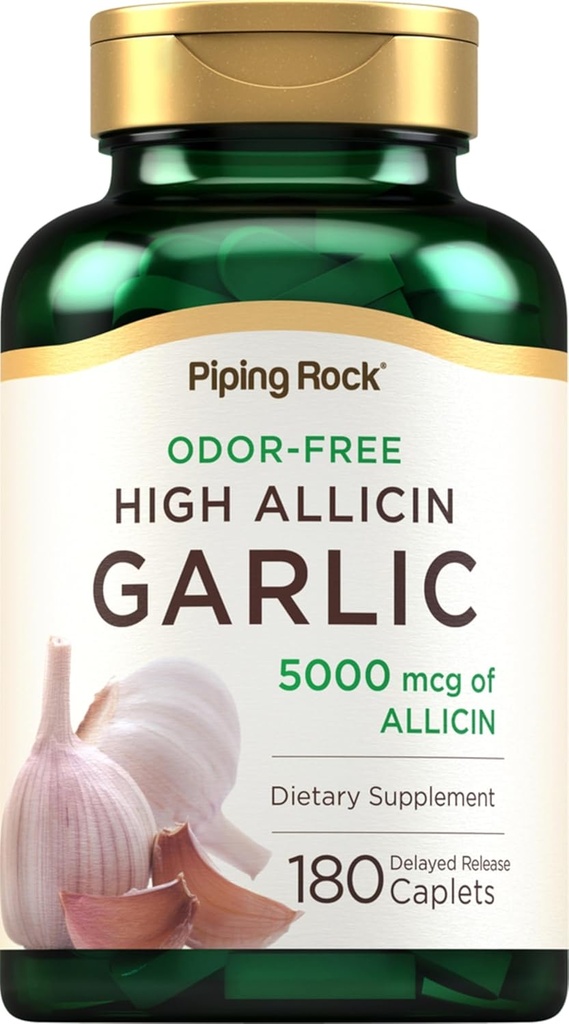 Piping Rock Odorless česnekové pilulky s vysokým alicinem 124; 180 Caplet crust 124; zápach zdarma crust 124; Vegetarian, Non- GMO, gluten zdarma