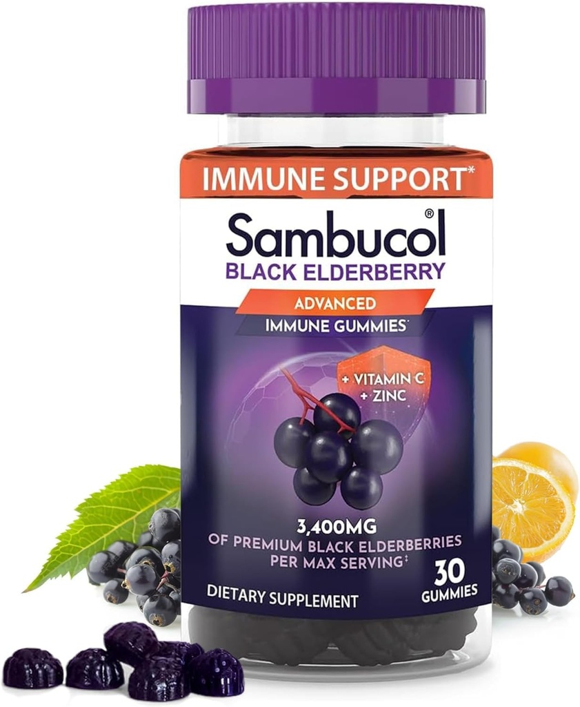 Sambucol Black Elderberry Gummies - Elderberry se zinkem a vitamínem C pro dospělé, Sambucus Gummies, Imunitní podpora - 30 Počet