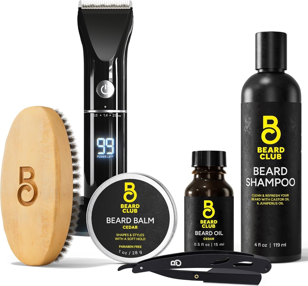Beard Club Grooming Bundle: Trimmer for Men & Care Kit - Zahrnuje bezkordové elektrické Trimmer, Straight Edge Razor, Shampoo, Cedar Balm & Oil, Brush - 8 průvodce, 45 Lengths
