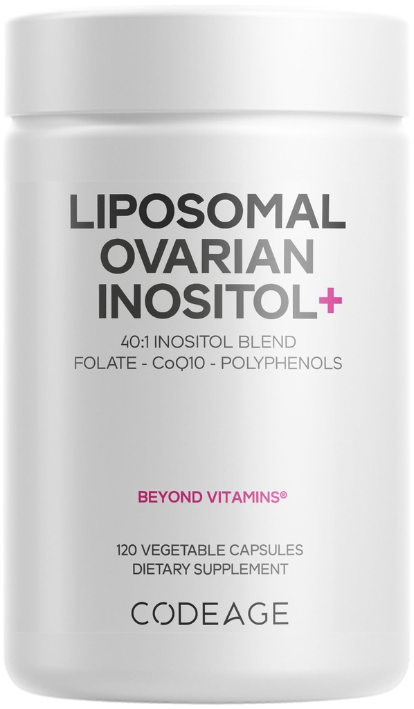 Codeage Liposomal Ovaria Inositol + dodatek - Myo- Inositol & D- Chiro- Inositol 40: 1 Blend, Folate 5-MTHF, CoQ10, Pomegranate & Wild Blueberry, Liposomal Delivery, Non- GMO, gluten- Free - 120 Kapsle