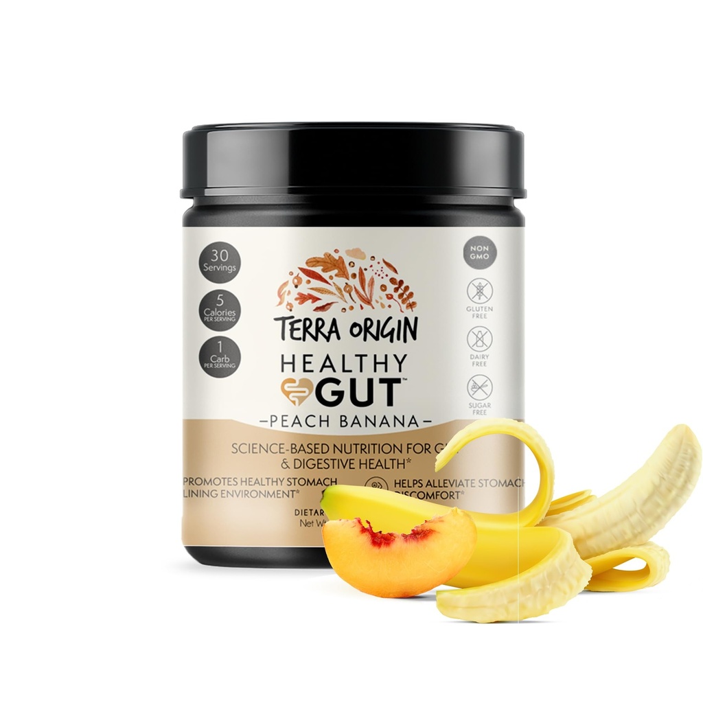 TERRA ORIGIN Zdravý Gut Peach Banana 124; 30- Doručování s L-glutamin, zinek, glucosamine, Slippery Elm Bark, Marshmallow Root a další!