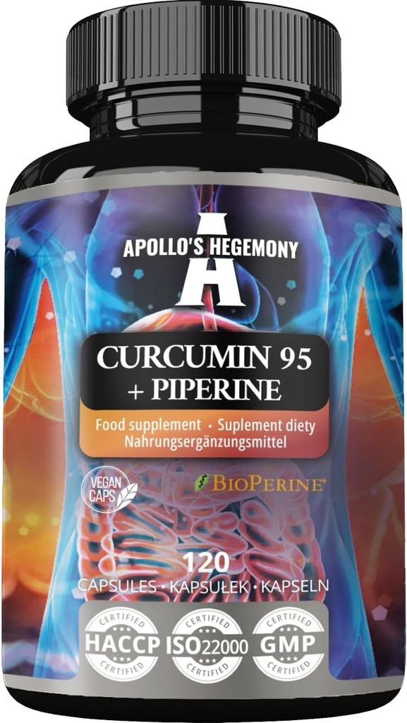APOLLO 'S HEGEMONY Curcumin 95 + Piperine 302mg na kapslí, Vysoce silný Turmerický kořenový extrakt 95%, 120 Veganových kapslí, 4 měsíce dodávky, pro optimální stravení a zvýšené absorpce