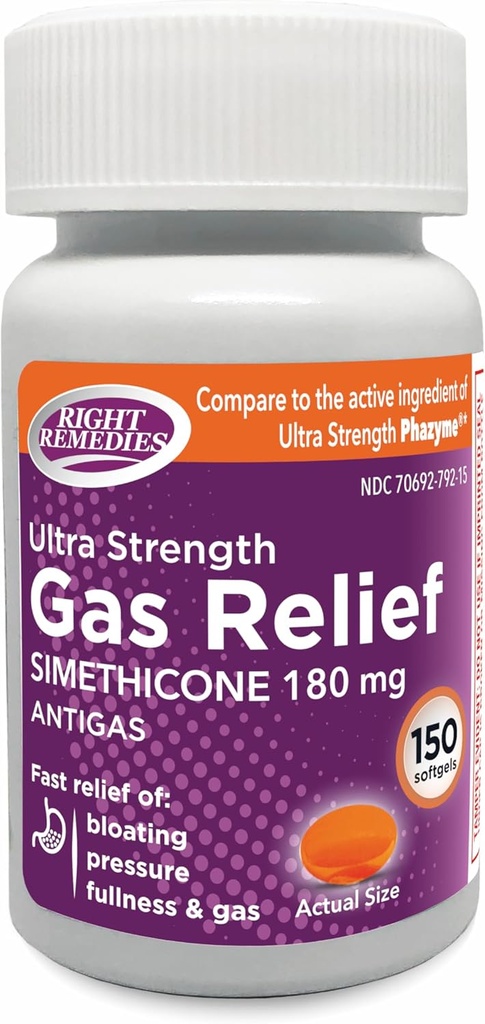 Reliéf plynu Ultra síla, 180mg Simethicone (150 Softgels) Rychlá úleva z plynu, nafouknutí, plnost, bolestivý discomform, Porovnat s Ultra sílu Phazyme Aktivní ingredience