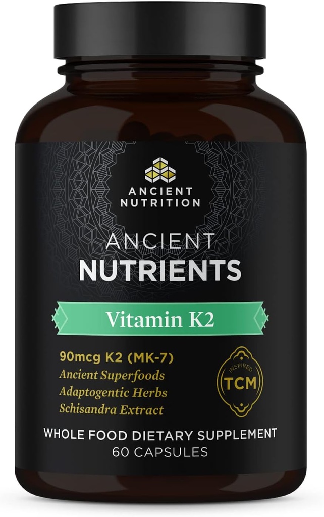 Ancient Nutrition vitamin K2 dodatek, K2-90mcg K2, Adaptogenní Byliny, Aktivace enzymu, Podporuje kardiovaskulární funkce, Paleo & Keto Friendly, 60 Kapsle