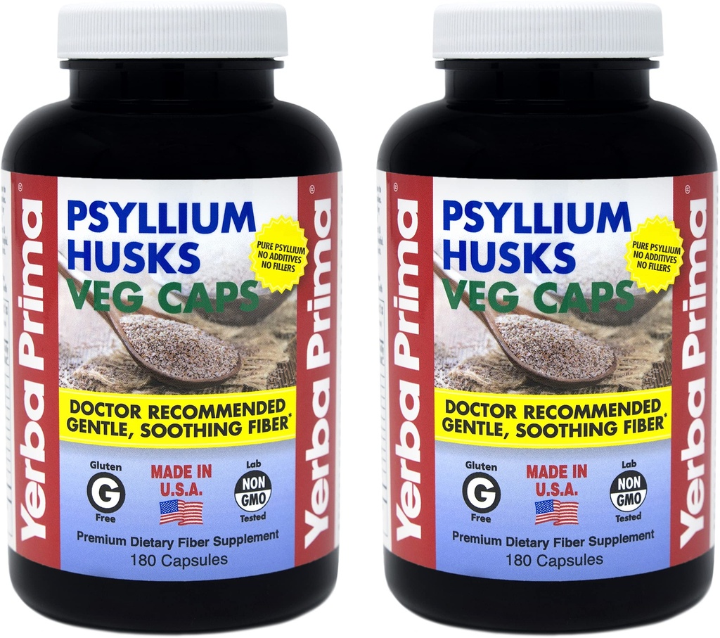 Yerba Prima Psylium Husks Veg Caps - 180 Počet (2 balení) (625mg) - Vegan, Non- GMO, Gluten Free, Colon Cleanser, Denní Fiber dodatek pro Gut zdraví & Regularity