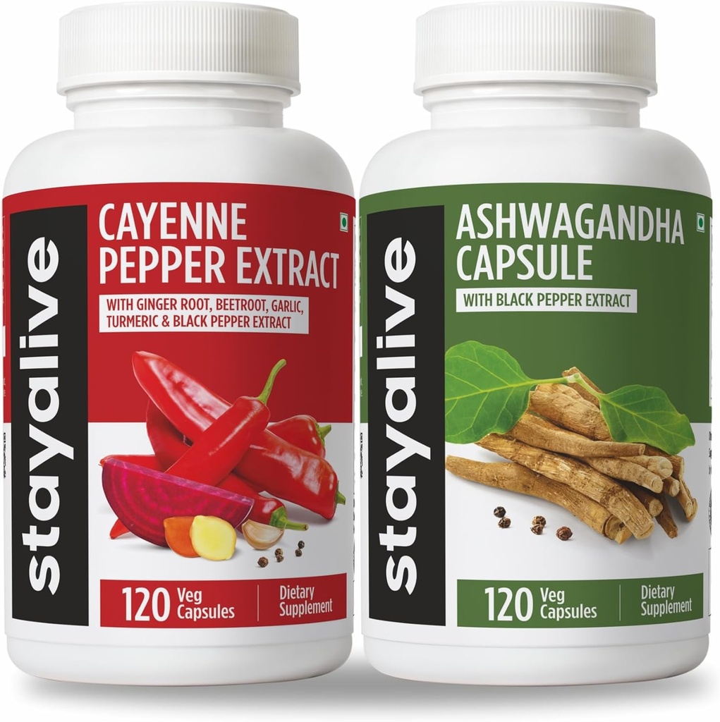 Stay ALIVE Cayenne a Ashwagandha Bundle w / Black Pepper Extract Kapsle, 240 Vegan pilulky, Non-GMO & gluten Free Ashwagandha Cayenne Pepper Dodatek