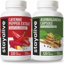 Stay ALIVE Cayenne a Ashwagandha Bundle w / Black Pepper Extract Kapsle, 240 Vegan pilulky, Non-GMO & gluten Free Ashwagandha Cayenne Pepper Dodatek